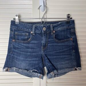 AMERICAN EAGLE OUTFITTERS Midi Jean Shorts Dark Wash Denim Cuffed Stretch Size 4